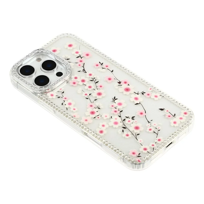 For iPhone 16 Pro Case Rhinestone Edge Flower TPU + PC IMD Phone Cover - F2