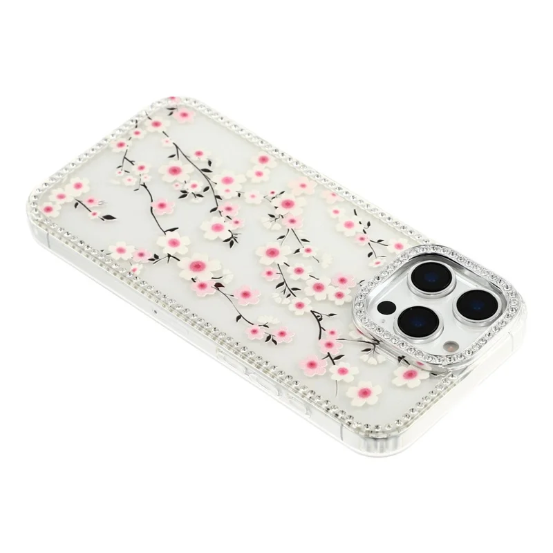 For iPhone 16 Pro Case Rhinestone Edge Flower TPU + PC IMD Phone Cover - F2