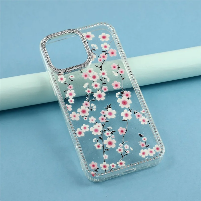 For iPhone 16 Pro Case Rhinestone Edge Flower TPU + PC IMD Phone Cover - F2