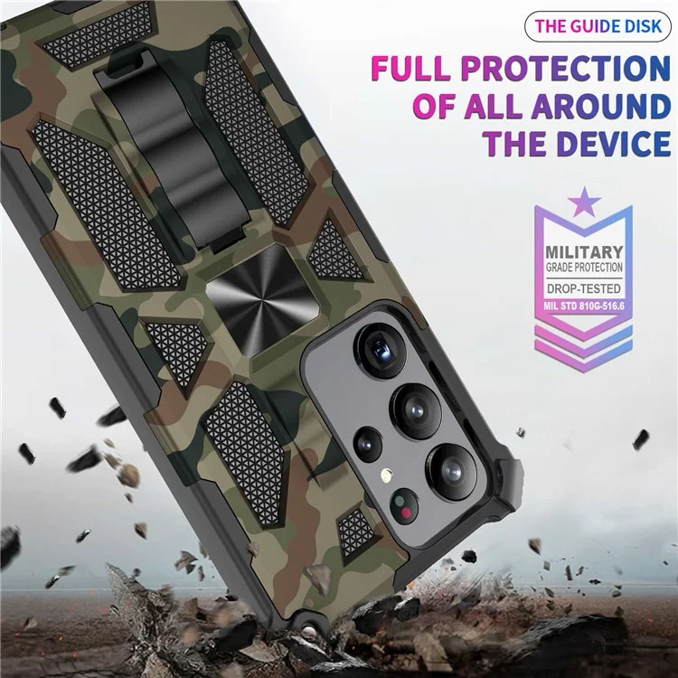 Pour Samsung Galaxy S23 Ultra Camouflage Design Soft TPU Hard PC Tocoproof Hover Kickstand Téléphone - Armée Verte