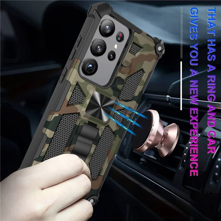 Для Samsung Galaxy S23 Ultra Camouflage Design Soft TPU Hard PC Shockproof Cover Kickstand Phone Case - Army Green
