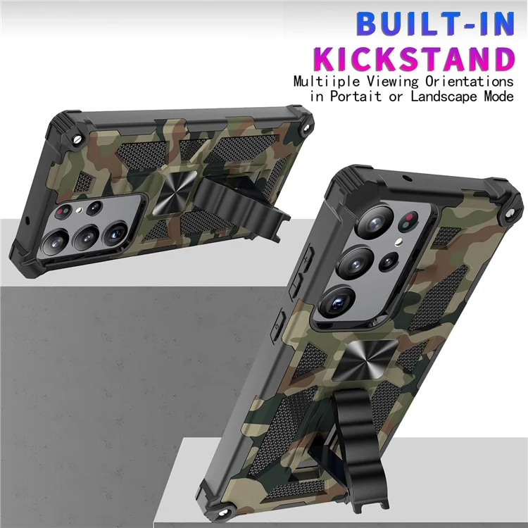 Для Samsung Galaxy S23 Ultra Camouflage Design Soft TPU Hard PC Shockproof Cover Kickstand Phone Case - Army Green