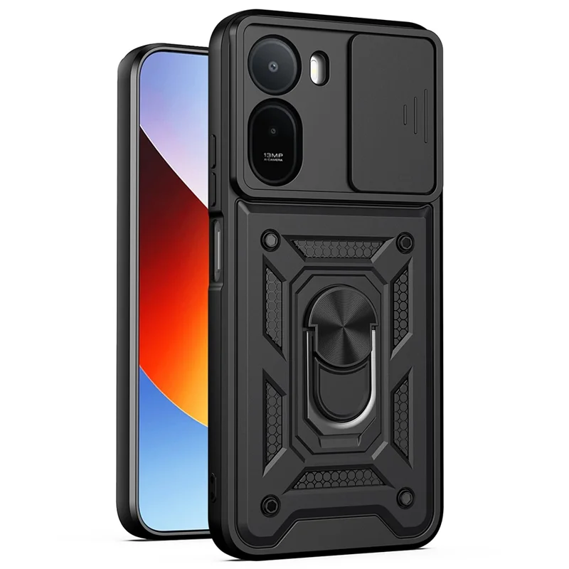 Slide Camera Lid Case for Xiaomi Poco C85x 5G / Redmi A7 Pro 4G (171.56mm) / Redmi A7 Pro 5G PC + TPU Kickstand Phone Cover - Black