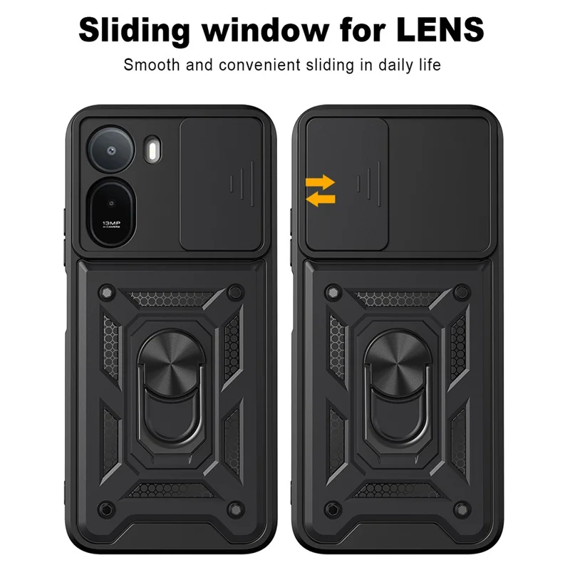 Slide Camera Lid Case for Xiaomi Poco C85x 5G / Redmi A7 Pro 4G (171.56mm) / Redmi A7 Pro 5G PC + TPU Kickstand Phone Cover - Black