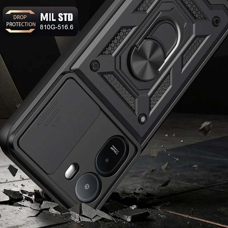 Slide Camera Lid Case for Xiaomi Poco C85x 5G / Redmi A7 Pro 4G (171.56mm) / Redmi A7 Pro 5G PC + TPU Kickstand Phone Cover - Black