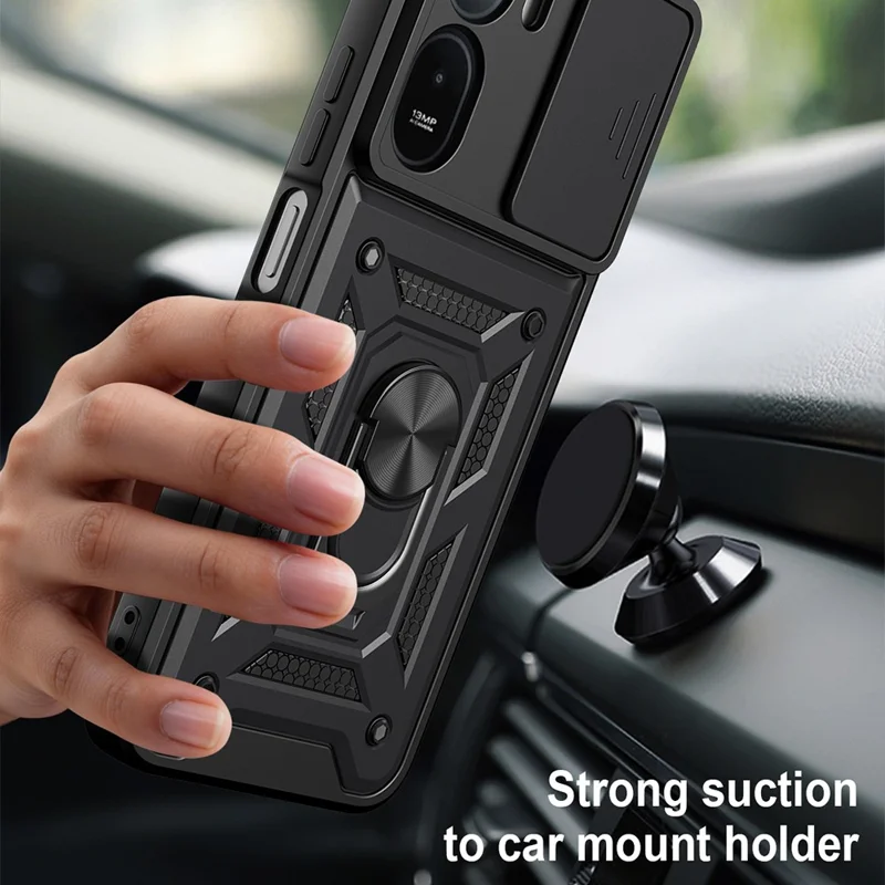 Slide Camera Lid Case for Xiaomi Poco C85x 5G / Redmi A7 Pro 4G (171.56mm) / Redmi A7 Pro 5G PC + TPU Kickstand Phone Cover - Black