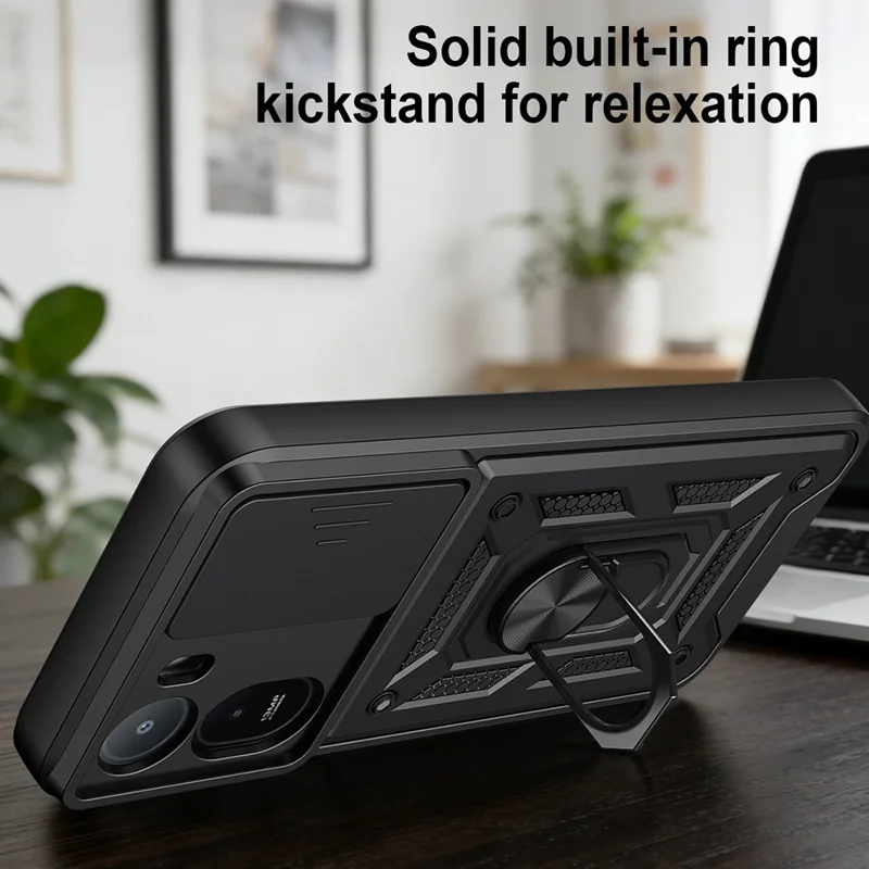 Slide Camera Lid Case for Xiaomi Poco C85x 5G / Redmi A7 Pro 4G (171.56mm) / Redmi A7 Pro 5G PC + TPU Kickstand Phone Cover - Black