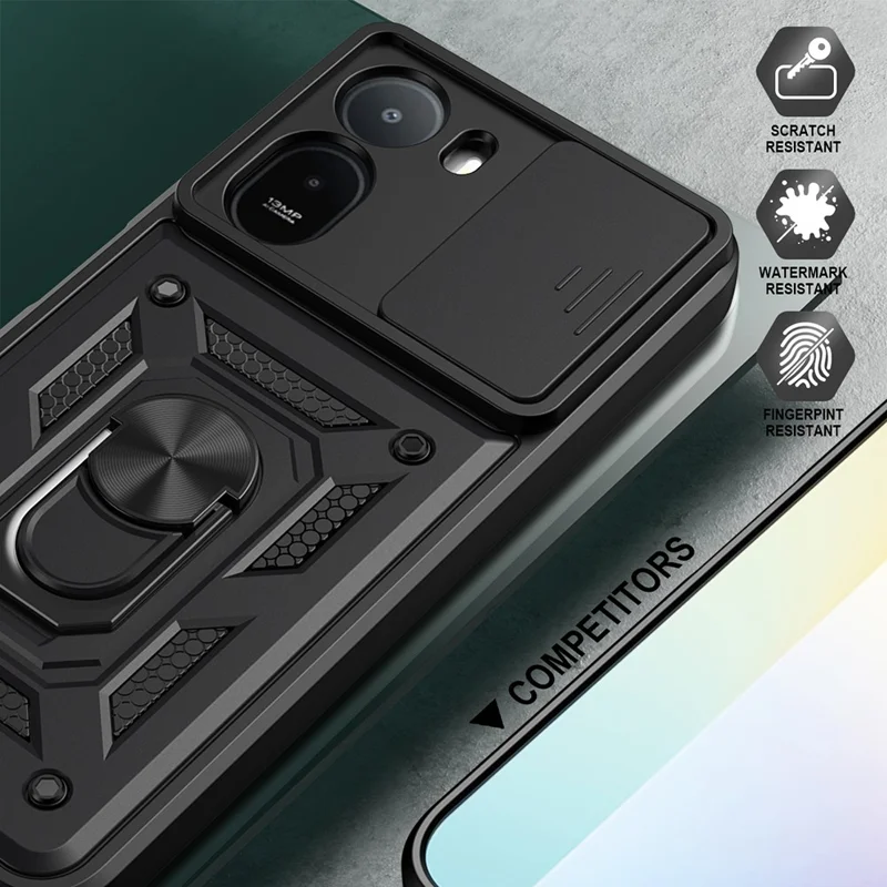 Slide Camera Lid Case for Xiaomi Poco C85x 5G / Redmi A7 Pro 4G (171.56mm) / Redmi A7 Pro 5G PC + TPU Kickstand Phone Cover - Black