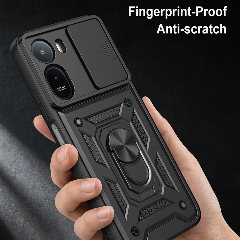 Slide Camera Lid Case for Xiaomi Poco C85x 5G / Redmi A7 Pro 4G (171.56mm) / Redmi A7 Pro 5G PC + TPU Kickstand Phone Cover - Black