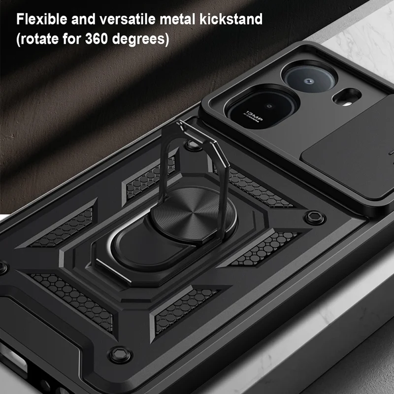 Slide Camera Lid Case for Xiaomi Poco C85x 5G / Redmi A7 Pro 4G (171.56mm) / Redmi A7 Pro 5G PC + TPU Kickstand Phone Cover - Black