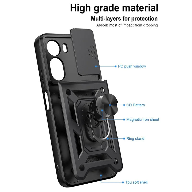 Slide Camera Lid Case for Xiaomi Poco C85x 5G / Redmi A7 Pro 4G (171.56mm) / Redmi A7 Pro 5G PC + TPU Kickstand Phone Cover - Black