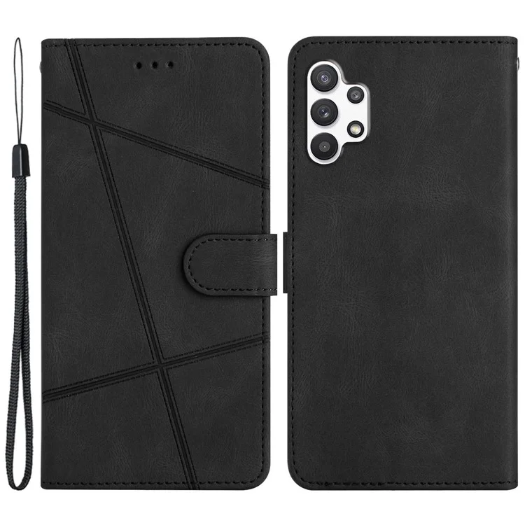 Für Samsung Galaxy A32 5G Eingeprägte Linien PU Leder Telefonabdeckung Magnetischer Verschluss Stehen Verrückte Pferdestruktur Schutzbrieftasche Mit Riemen - Schwarz