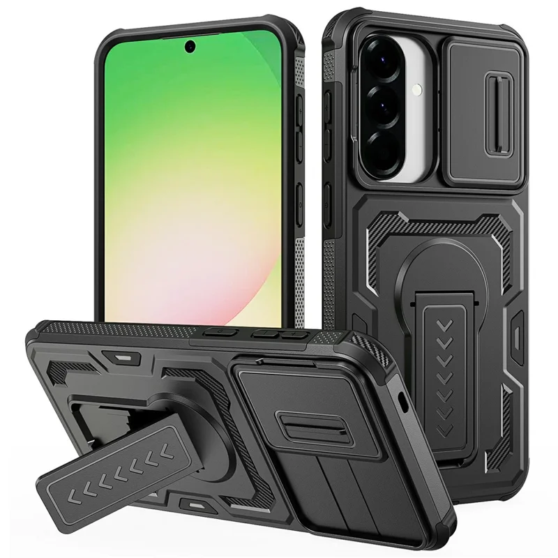 Cover per Samsung Galaxy A57 5G con Scorrimento Protezione Obiettivo in PC + TPU con Supporto a Cavalletto - Nero