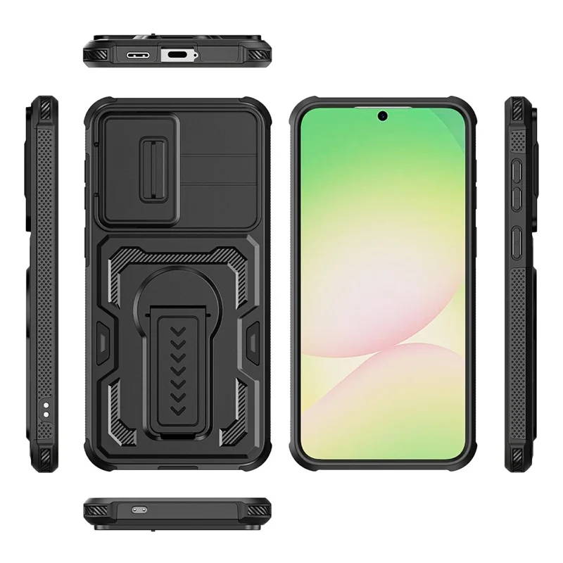 Cover per Samsung Galaxy A57 5G con Scorrimento Protezione Obiettivo in PC + TPU con Supporto a Cavalletto - Nero