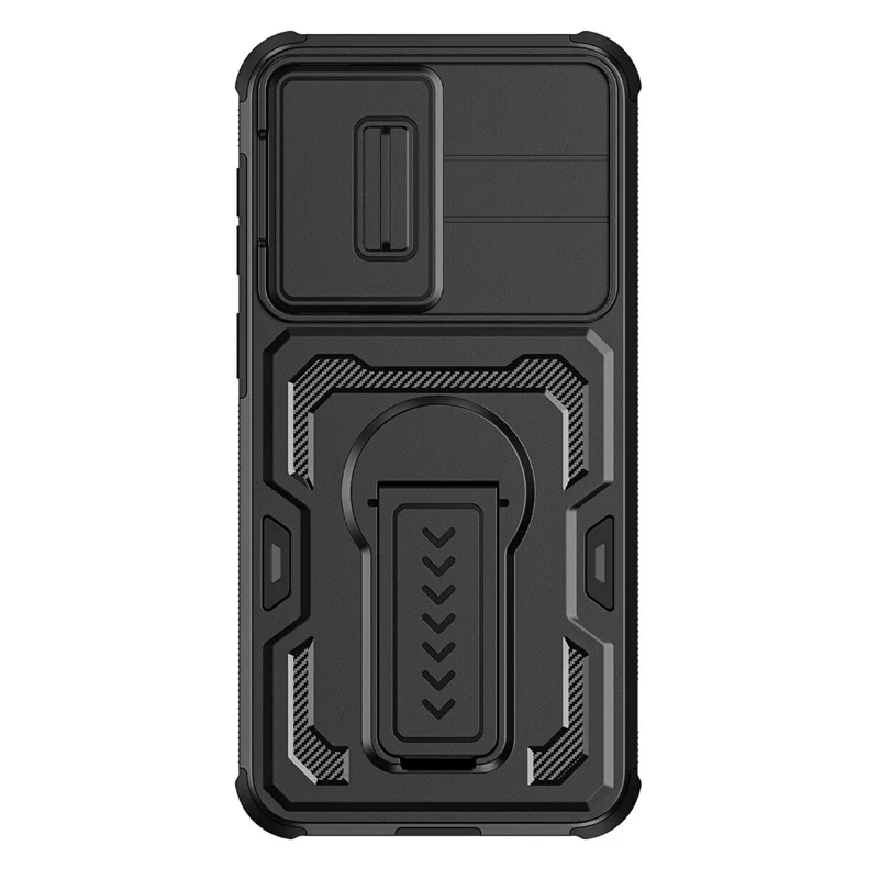 Cover per Samsung Galaxy A57 5G con Scorrimento Protezione Obiettivo in PC + TPU con Supporto a Cavalletto - Nero