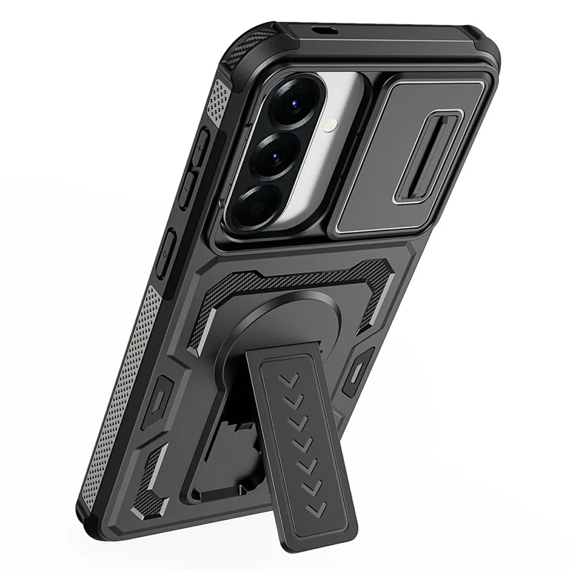 Cover per Samsung Galaxy A57 5G con Scorrimento Protezione Obiettivo in PC + TPU con Supporto a Cavalletto - Nero