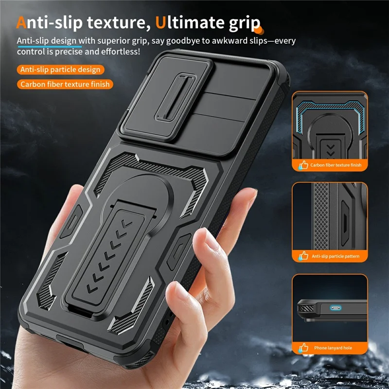 Cover per Samsung Galaxy A57 5G con Scorrimento Protezione Obiettivo in PC + TPU con Supporto a Cavalletto - Nero