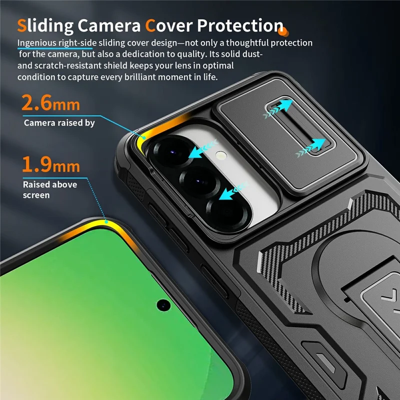 Cover per Samsung Galaxy A57 5G con Scorrimento Protezione Obiettivo in PC + TPU con Supporto a Cavalletto - Nero