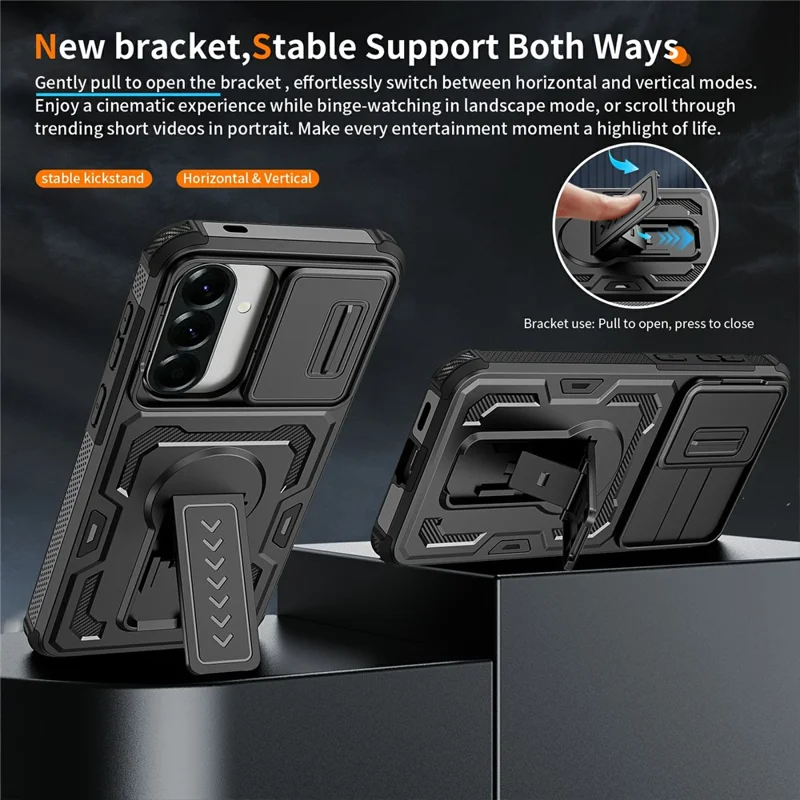 Cover per Samsung Galaxy A57 5G con Scorrimento Protezione Obiettivo in PC + TPU con Supporto a Cavalletto - Nero