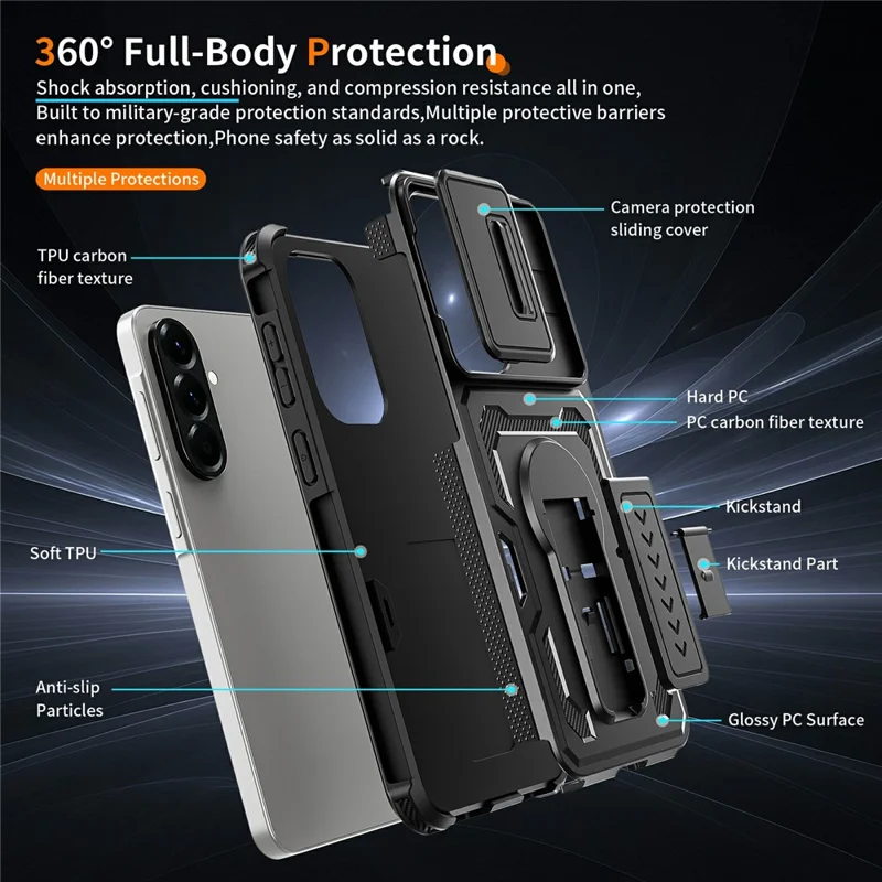 Cover per Samsung Galaxy A57 5G con Scorrimento Protezione Obiettivo in PC + TPU con Supporto a Cavalletto - Nero