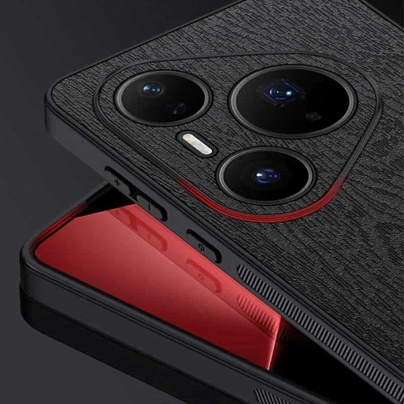 For Huawei Pura 90 Pro Case Wood Texture PU Leather Coated PC TPU Phone Cover - Black