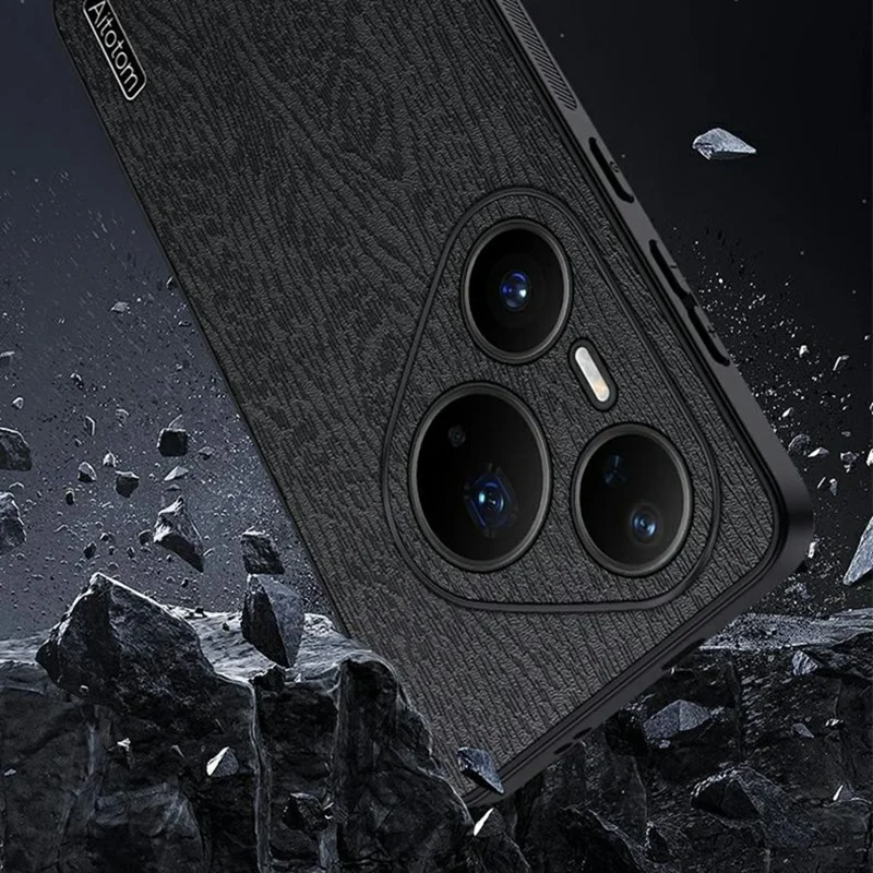 For Huawei Pura 90 Pro Case Wood Texture PU Leather Coated PC TPU Phone Cover - Black
