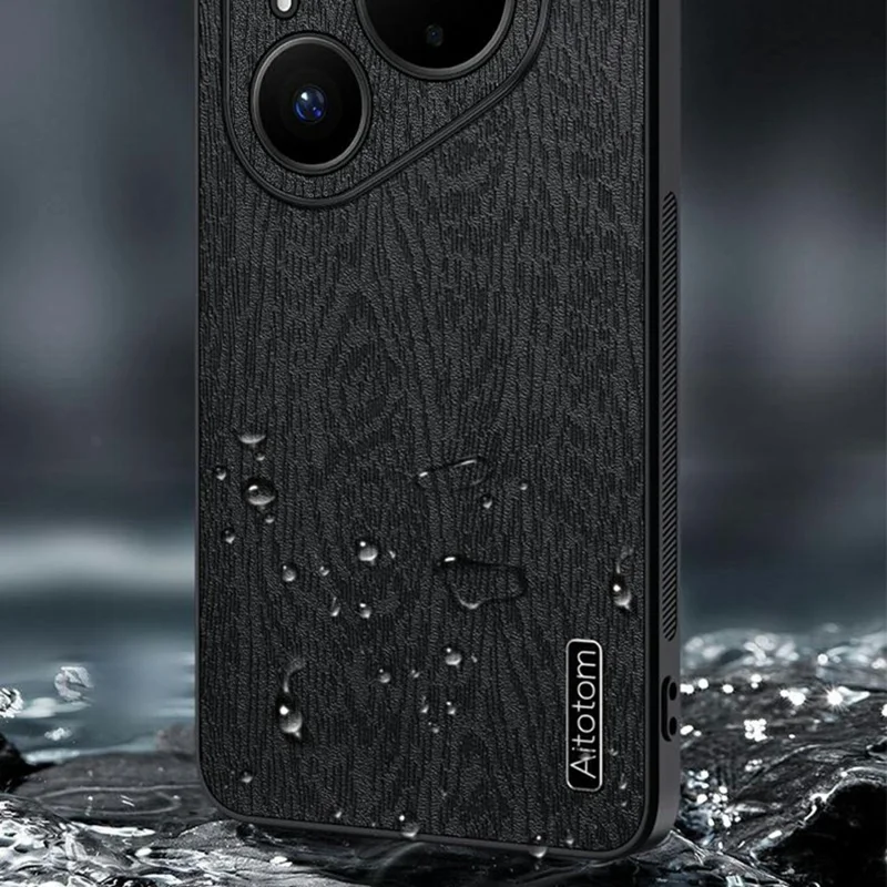 For Huawei Pura 90 Pro Case Wood Texture PU Leather Coated PC TPU Phone Cover - Black