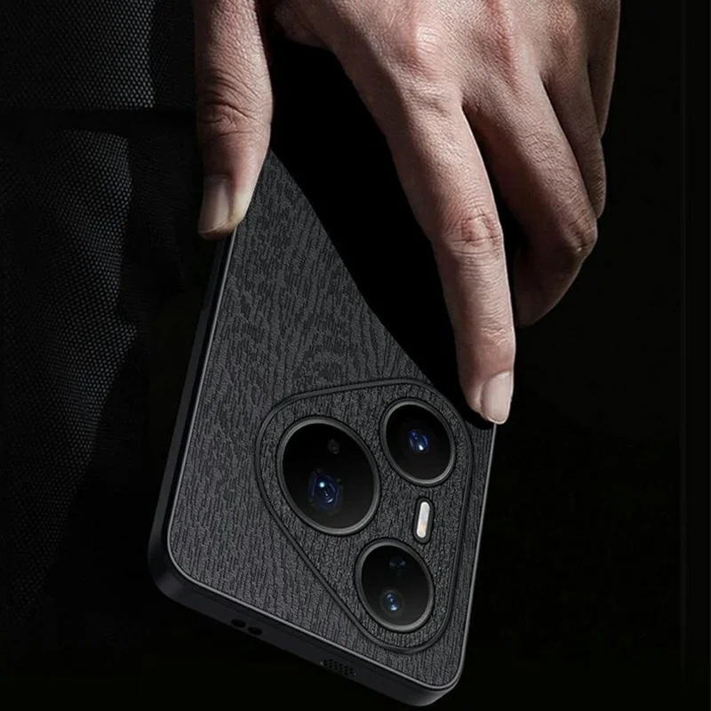For Huawei Pura 90 Pro Case Wood Texture PU Leather Coated PC TPU Phone Cover - Black