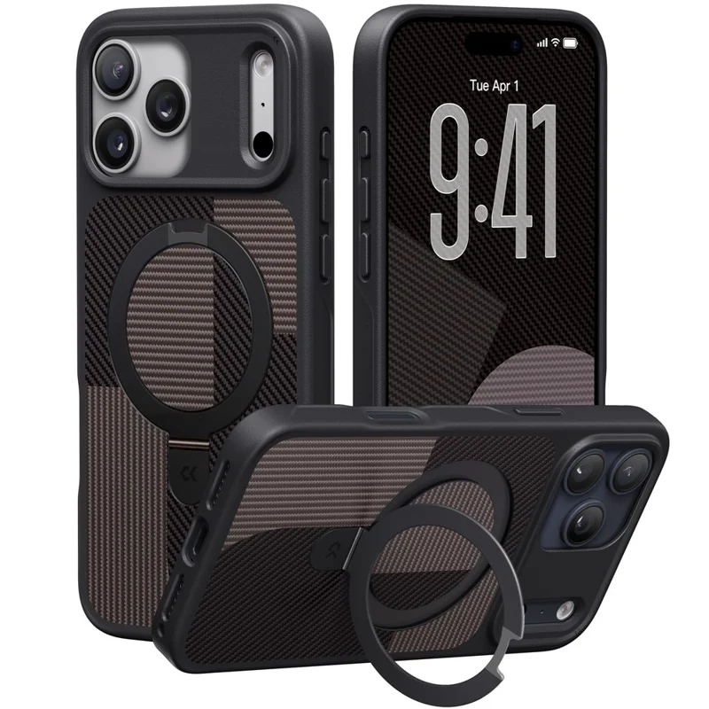 CASEKOO Geometry Series for iPhone 17 Pro Max Magnetic Case UV Printing Ring Kickstand PC + TPU Shockproof Cover - Brown