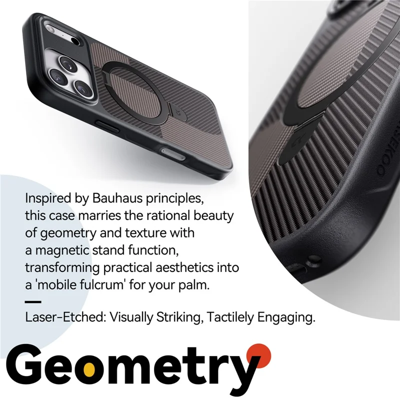 CASEKOO Geometry Series for iPhone 17 Pro Max Magnetic Case UV Printing Ring Kickstand PC + TPU Shockproof Cover - Brown