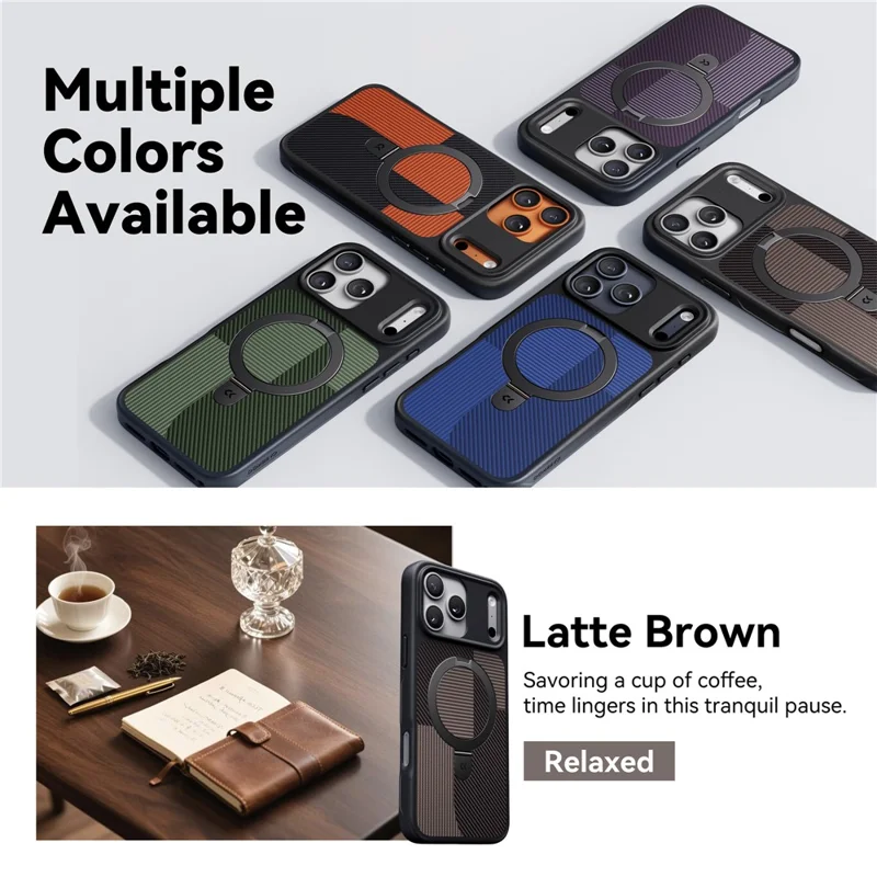 CASEKOO Geometry Series for iPhone 17 Pro Max Magnetic Case UV Printing Ring Kickstand PC + TPU Shockproof Cover - Brown