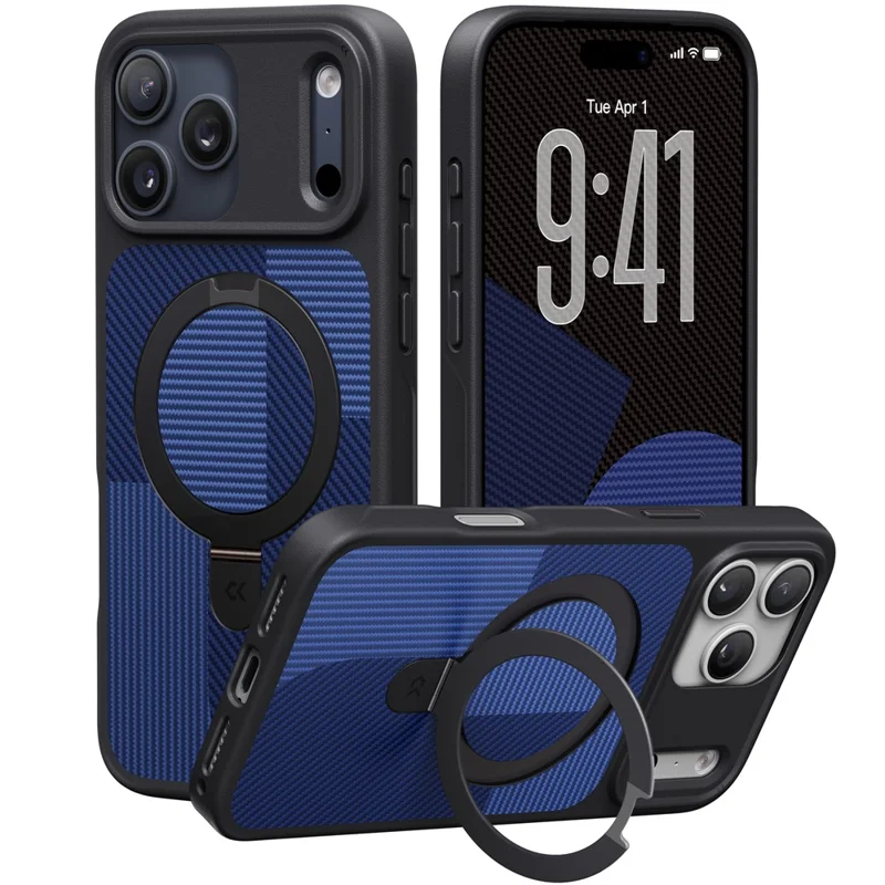 CASEKOO Geometry Series for iPhone 17 Pro Magnetic Case UV Printing Ring Kickstand PC + TPU Shockproof Cover - Blue