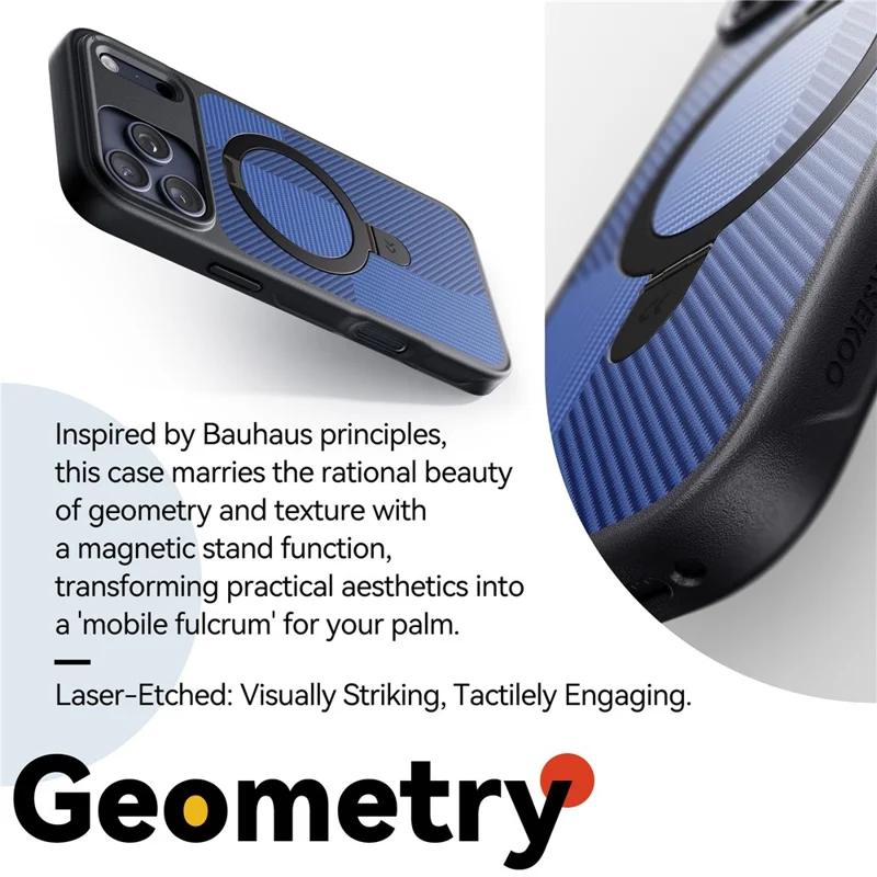 CASEKOO Geometry Series for iPhone 17 Pro Magnetic Case UV Printing Ring Kickstand PC + TPU Shockproof Cover - Blue