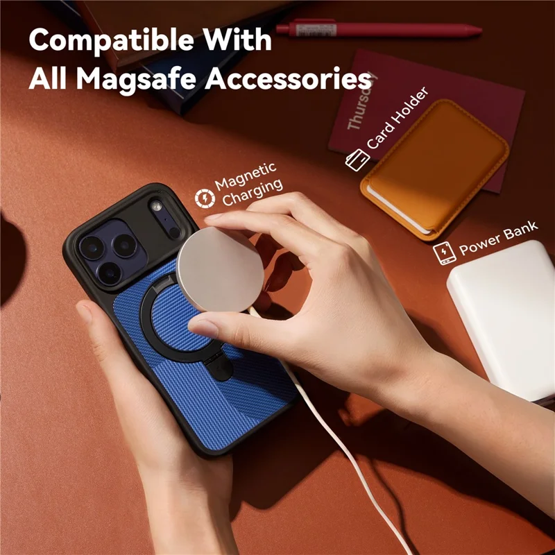 CASEKOO Geometry Series for iPhone 17 Pro Magnetic Case UV Printing Ring Kickstand PC + TPU Shockproof Cover - Blue