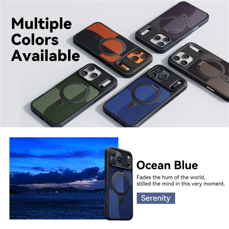 CASEKOO Geometry Series for iPhone 17 Pro Magnetic Case UV Printing Ring Kickstand PC + TPU Shockproof Cover - Blue