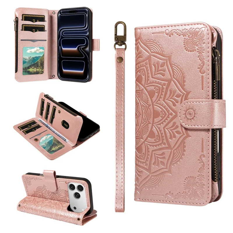 For iPhone 17 Pro Wallet Case Mandala Embossed Leather Flip Cover 9 Card Slots Zipper Pocket RFID Blocking Shell with Wrist Strap - Rose Gold