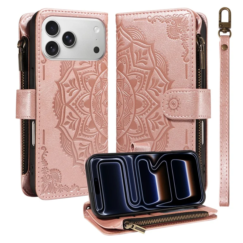 For iPhone 17 Pro Wallet Case Mandala Embossed Leather Flip Cover 9 Card Slots Zipper Pocket RFID Blocking Shell with Wrist Strap - Rose Gold