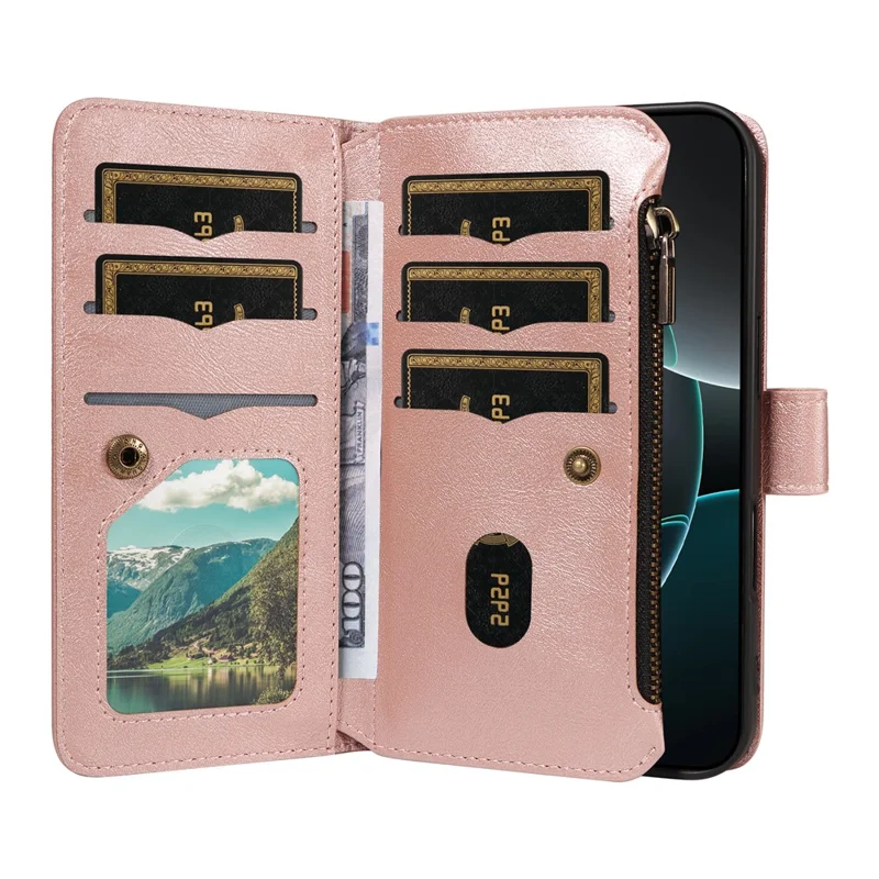 For iPhone 17 Pro Wallet Case Mandala Embossed Leather Flip Cover 9 Card Slots Zipper Pocket RFID Blocking Shell with Wrist Strap - Rose Gold