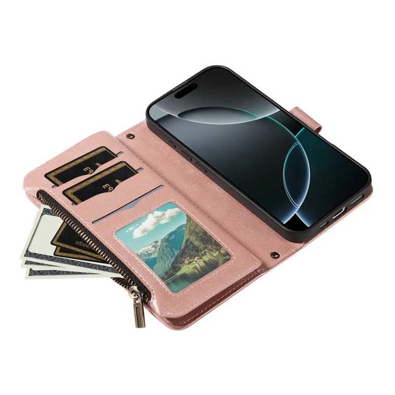 For iPhone 17 Pro Wallet Case Mandala Embossed Leather Flip Cover 9 Card Slots Zipper Pocket RFID Blocking Shell with Wrist Strap - Rose Gold