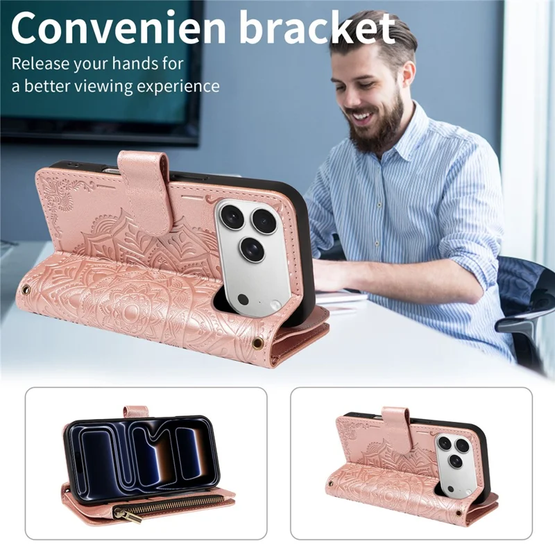 For iPhone 17 Pro Wallet Case Mandala Embossed Leather Flip Cover 9 Card Slots Zipper Pocket RFID Blocking Shell with Wrist Strap - Rose Gold