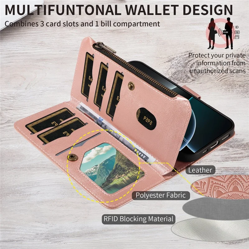 For iPhone 17 Pro Wallet Case Mandala Embossed Leather Flip Cover 9 Card Slots Zipper Pocket RFID Blocking Shell with Wrist Strap - Rose Gold