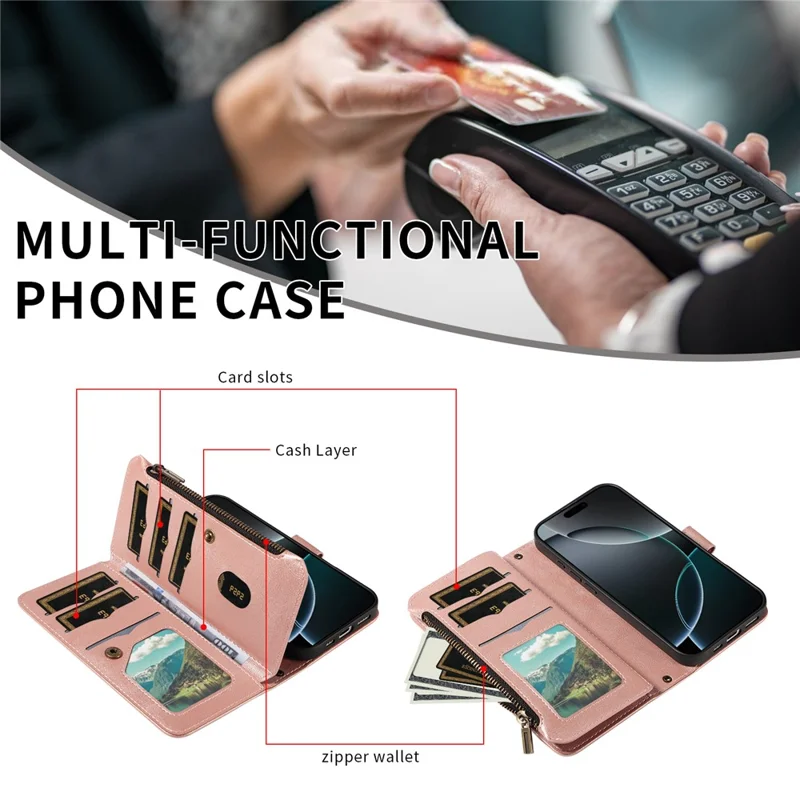 For iPhone 17 Pro Wallet Case Mandala Embossed Leather Flip Cover 9 Card Slots Zipper Pocket RFID Blocking Shell with Wrist Strap - Rose Gold