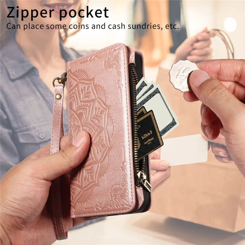 For iPhone 17 Pro Wallet Case Mandala Embossed Leather Flip Cover 9 Card Slots Zipper Pocket RFID Blocking Shell with Wrist Strap - Rose Gold