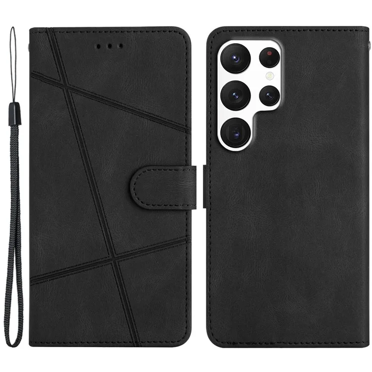 For Samsung Galaxy S23 Ultra  Imprinted Lines Crazy Horse Texture Phone Case PU Leather Flip Stand Magnetic Protective Wallet Cover with Strap - Black