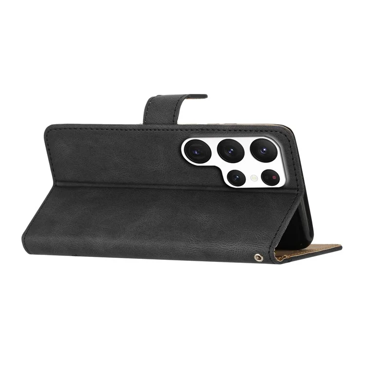 For Samsung Galaxy S23 Ultra  Imprinted Lines Crazy Horse Texture Phone Case PU Leather Flip Stand Magnetic Protective Wallet Cover with Strap - Black