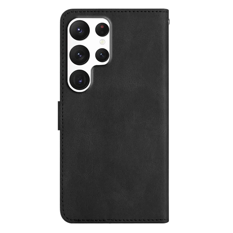For Samsung Galaxy S23 Ultra  Imprinted Lines Crazy Horse Texture Phone Case PU Leather Flip Stand Magnetic Protective Wallet Cover with Strap - Black