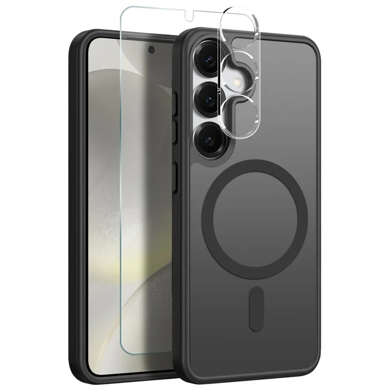 NORTHJO For Samsung Galaxy S24 Magnetic Case Translucent Matte Shockproof Phone Cover Set with Front Screen Protector + Lens Film - Black