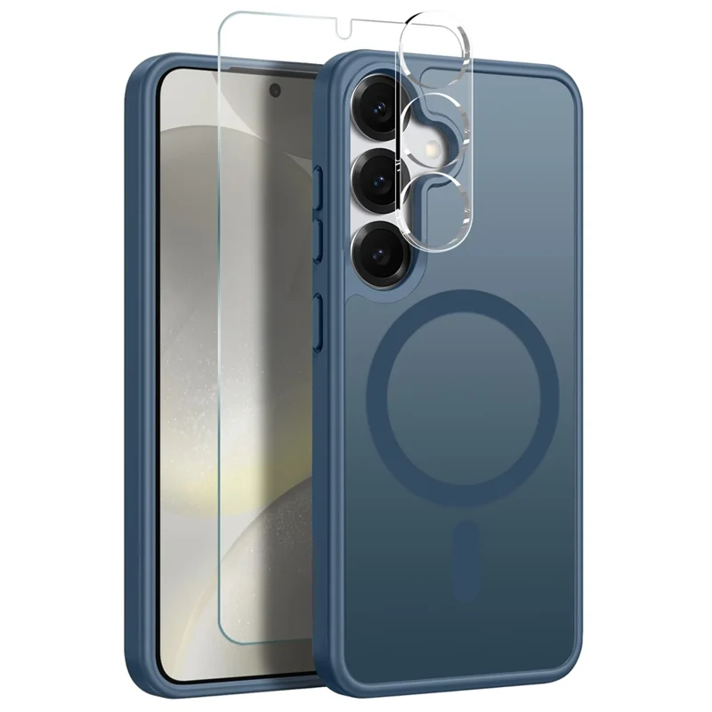 NORTHJO For Samsung Galaxy S24+ Magnetic Case Translucent Matte Shockproof Phone Cover Set with Front Screen Protector + Lens Film - Blue