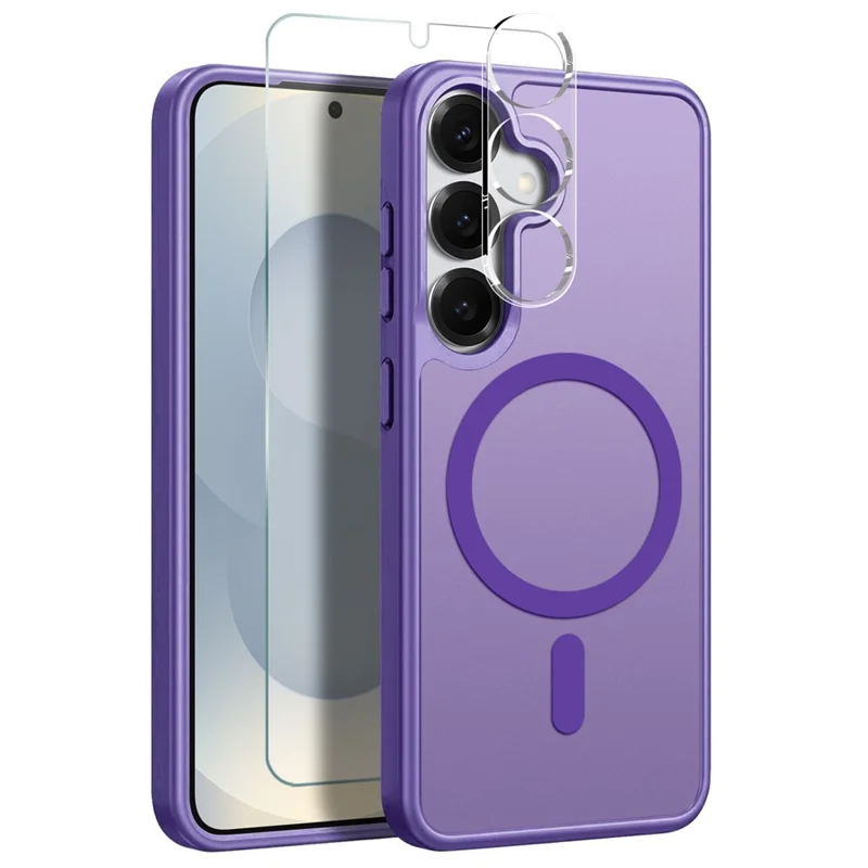 NORTHJO For Samsung Galaxy S25 Magnetic Case Translucent Matte Shockproof Phone Cover Set with Front Screen Protector + Lens Film - Purple