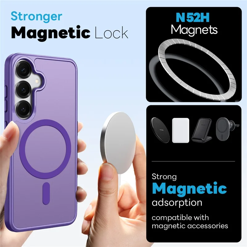 NORTHJO For Samsung Galaxy S25 Magnetic Case Translucent Matte Shockproof Phone Cover Set with Front Screen Protector + Lens Film - Purple